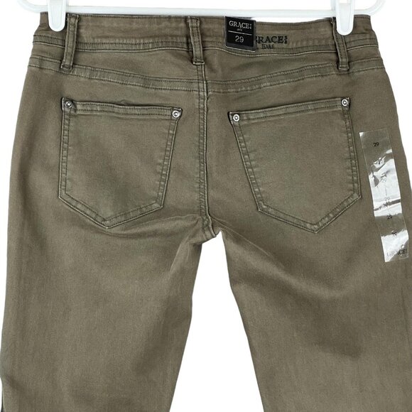 GRACE in LA Women's Jeans Size 29 Skinny Stripe Side Stretch Raw Hem Olive Green - Picture 4 of 13